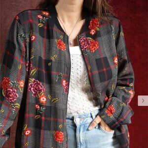 Christopher & Banks Floral Plaid Lightweight Zip‎ Up Bomber Jacket Women's M